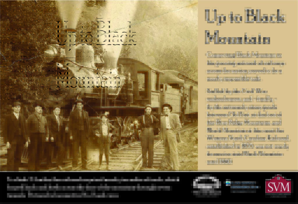 Interpretive Panel with an early 1900s photograph of a train engine and several employee with text describing the process it took to get the railroad up the steep grade between Old Fort and Black Mountain in the late 1800s.